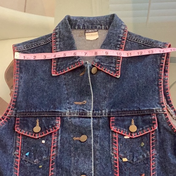 Cejon Jeans Jacket sz M Sleeveless Embellished Denim Vest Red Stitching EUC cute - Picture 10 of 17